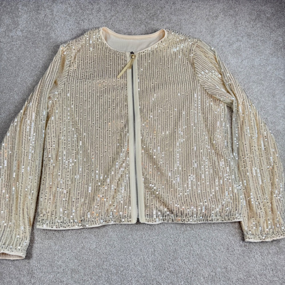 Ivory Gold Sequin Full Zip Bomber Jacket Women Size Large Party Glam Shimmer